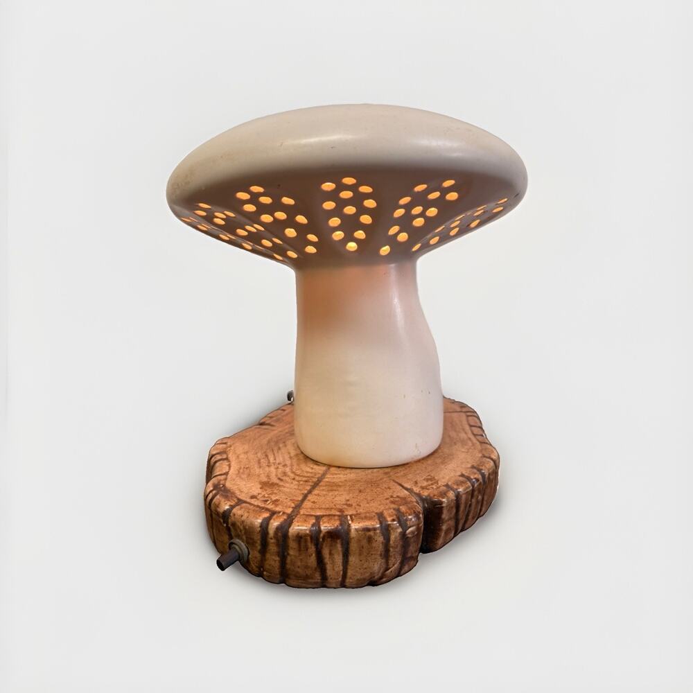 Vintage 1972 Ceramic Mushroom Lamp MCM Studio Pottery Pierced Shade 9.5” Signed